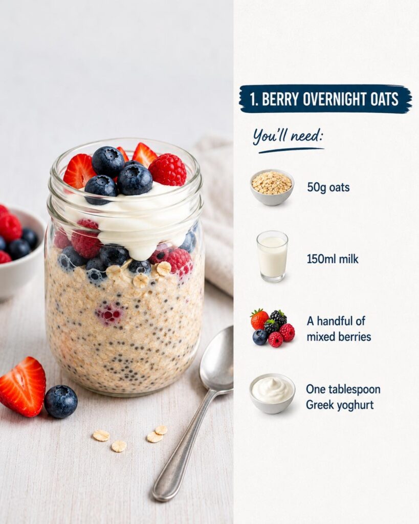 Berry overnight oats in a glass jar topped with fresh berries and yoghurt, alongside a recipe ingredient list for a healthy make-ahead breakfast