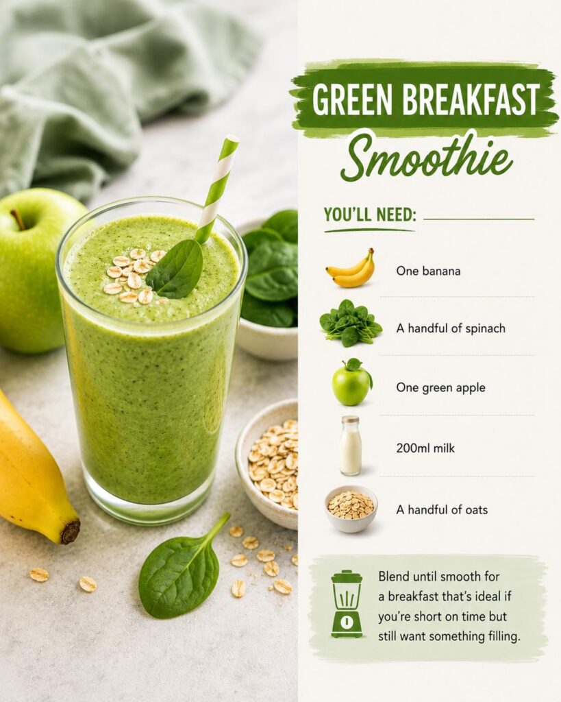 Green breakfast smoothie made with banana, spinach, green apple, milk and oats, alongside a recipe ingredient list for a quick, nutritious breakfast