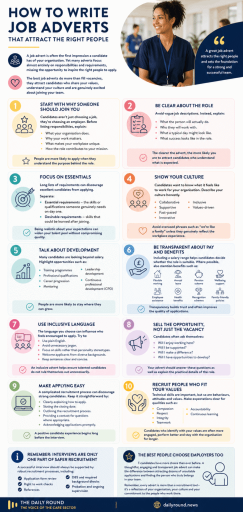 Infographic showing ten practical tips for writing job adverts that attract the right candidates