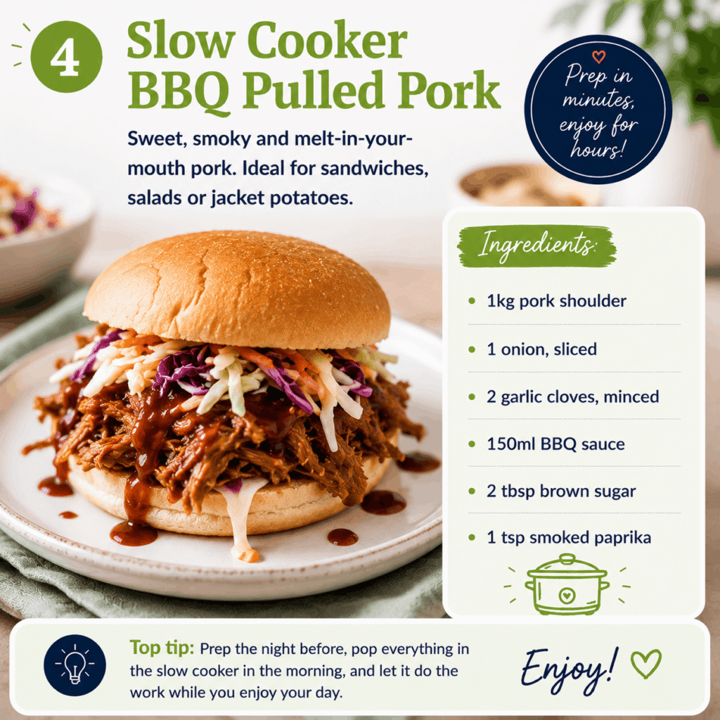 Slow cooker BBQ pulled pork burger with ingredient list and slow cooker preparation tip