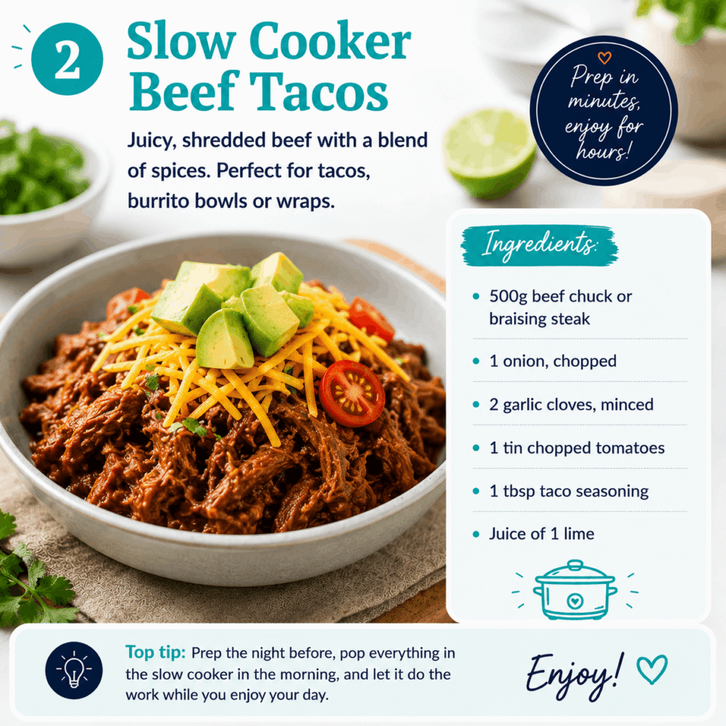 Slow cooker beef tacos with shredded beef, avocado, cheese, ingredients and a slow cooker preparation tip