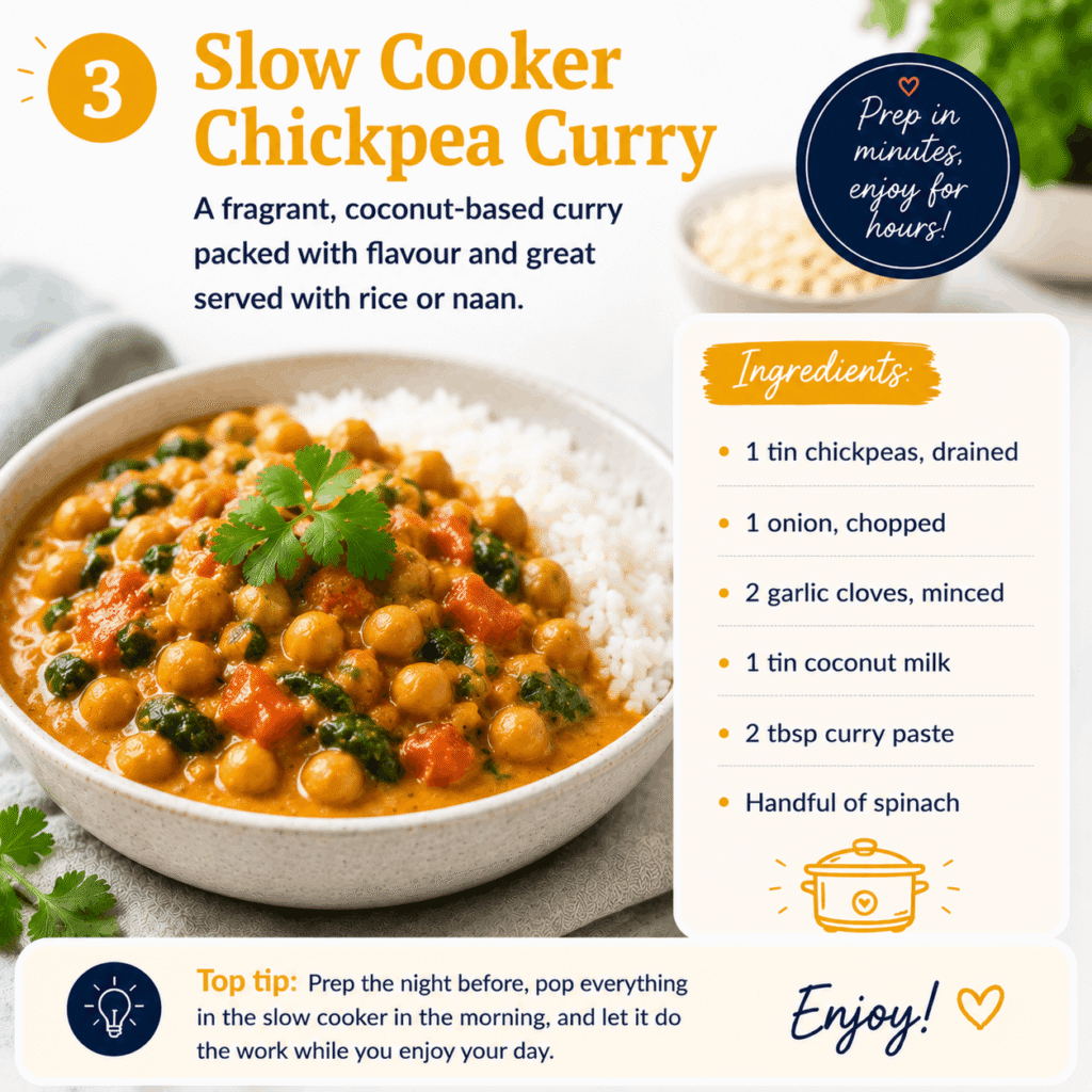 Slow cooker chickpea curry served with rice, with ingredients and a slow cooker preparation tip