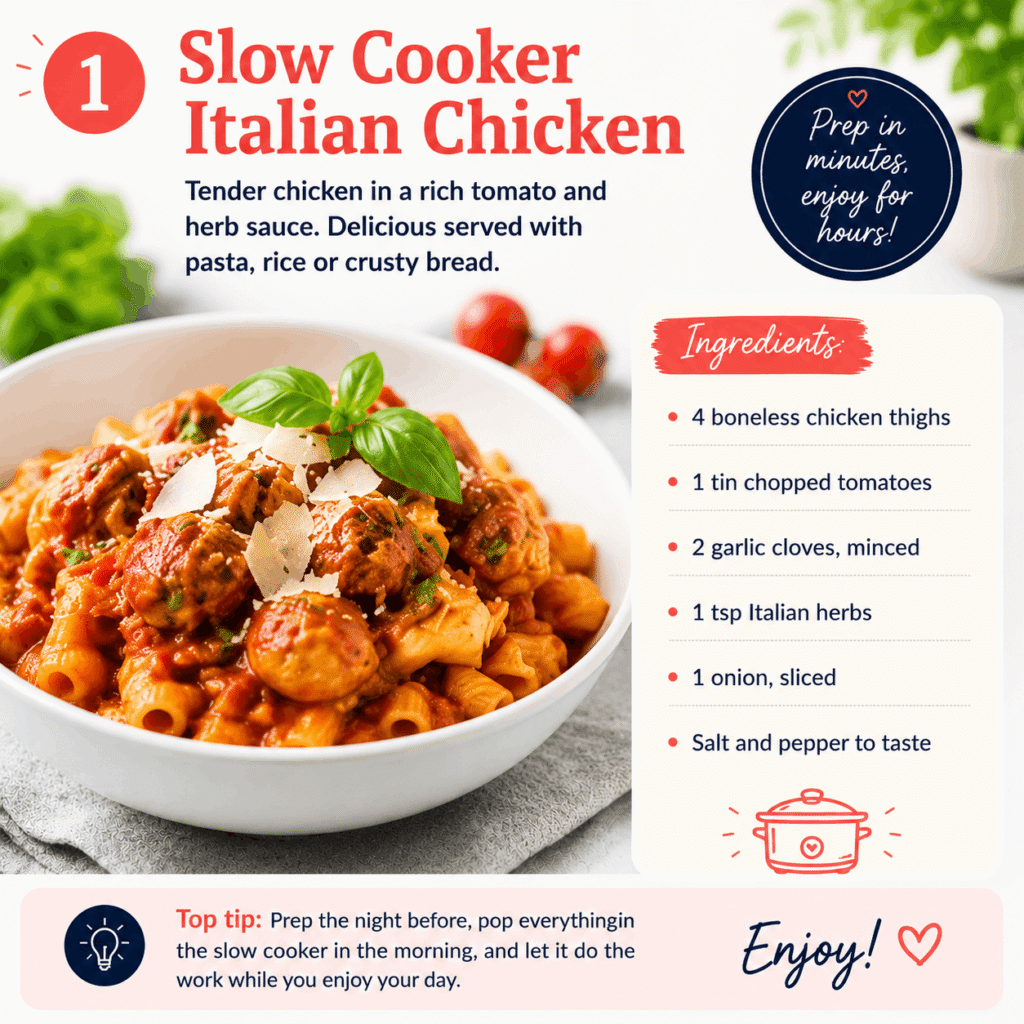 Slow cooker Italian chicken with pasta, ingredients and a slow cooker preparation tip