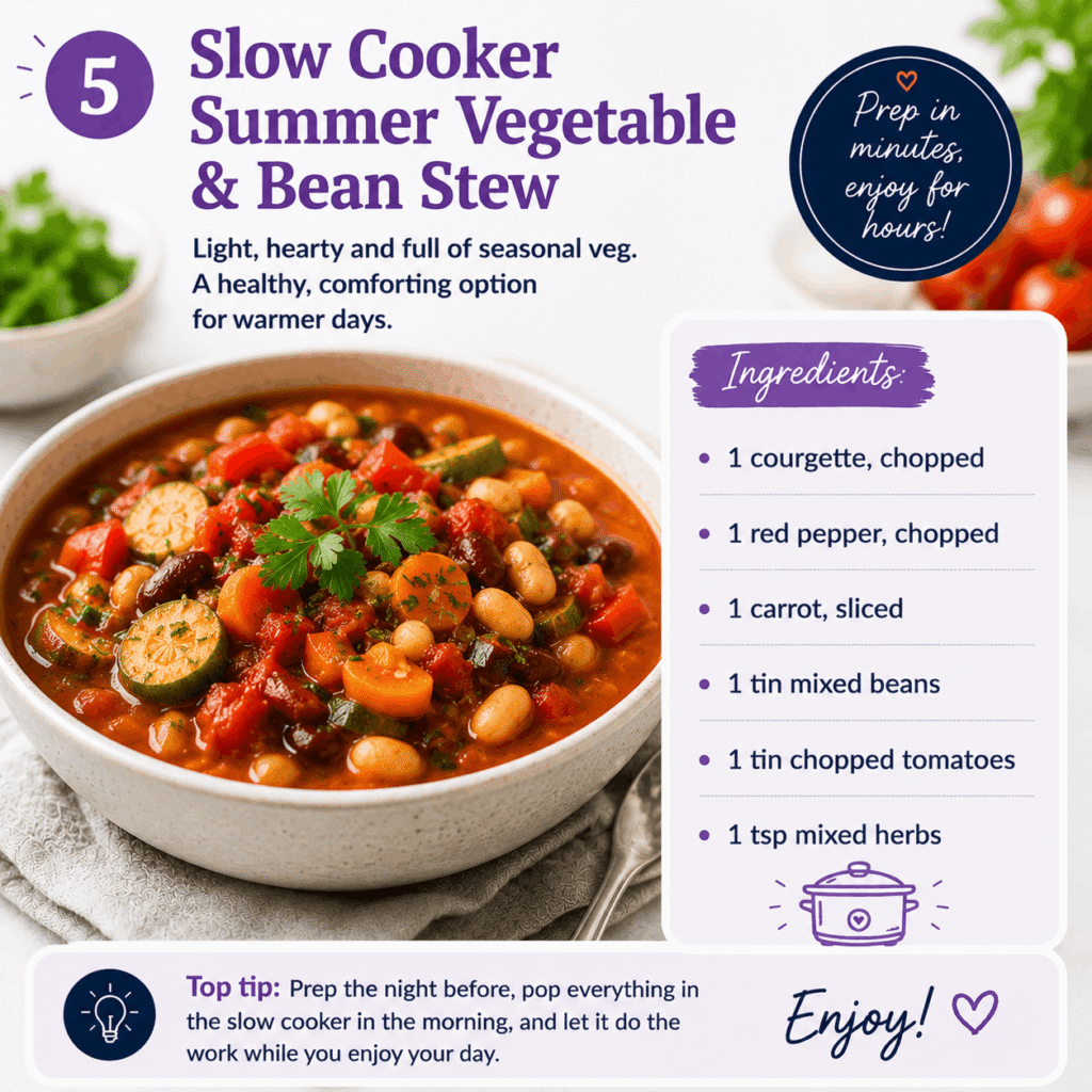 Bowl of slow-cooked summer vegetable and bean stew with ingredients, preparation tip and slow cooker cooking guidance