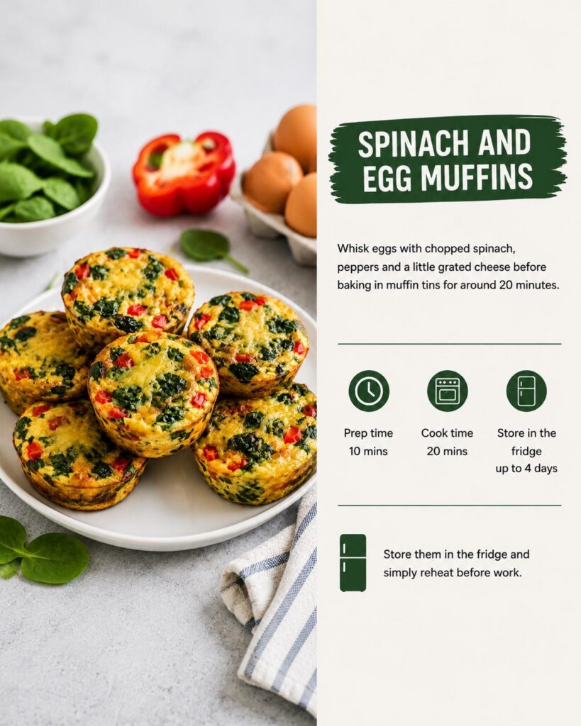 Spinach and egg muffins with peppers and cheese, alongside cooking instructions, preparation time and storage tips for a healthy make-ahead breakfast