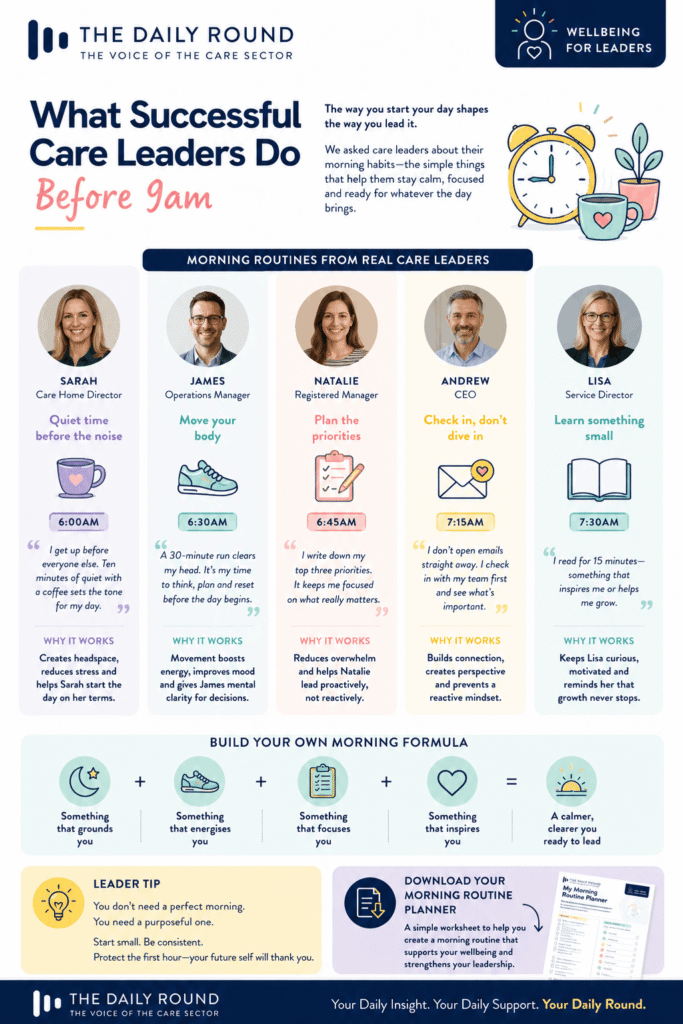 Infographic showing successful care leaders' morning routines before 9am.