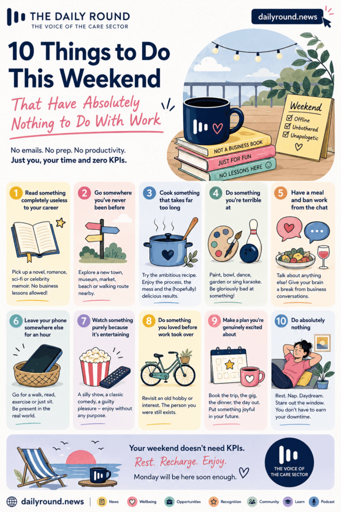 Infographic featuring 10 things to do this weekend without work, including reading, exploring, cooking, hobbies, socialising, switching off your phone, entertainment, planning something fun and resting.