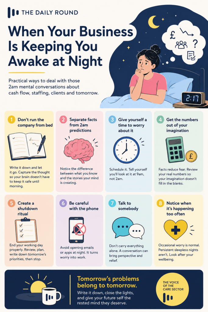 Illustration of a business leader awake at 2am, worrying about cash flow, staffing and clients, with practical tips for managing business stress and sleep.