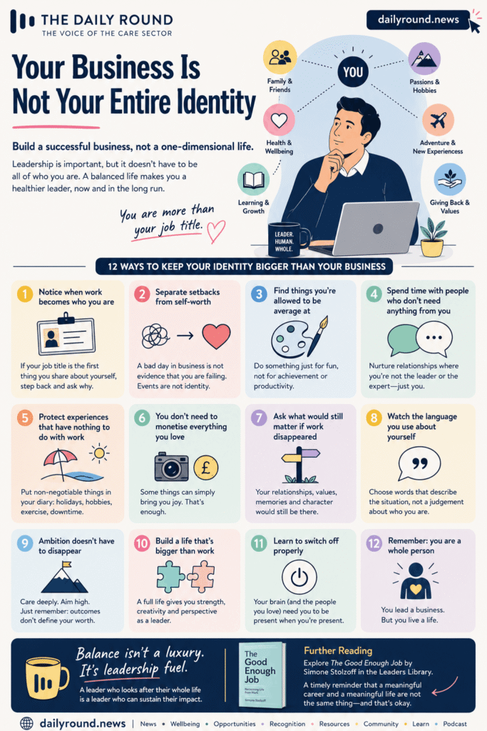 Infographic showing 12 ways leaders can separate their identity from their business and build a balanced life beyond work.